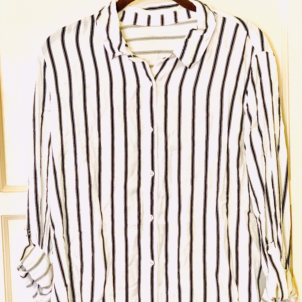 NWT White Button Down Blouse With Black Stripes